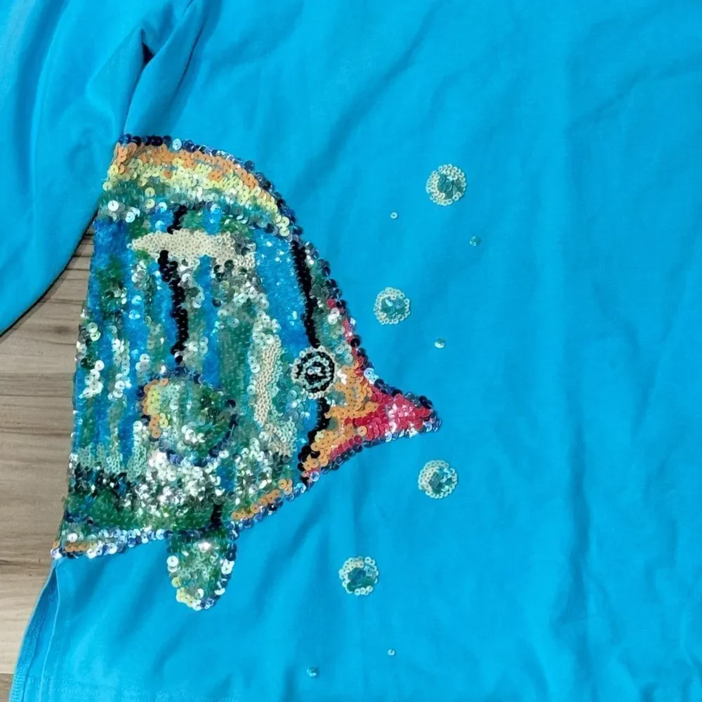 Quacker Factory Sequin Fish Blue Top Women’s Large